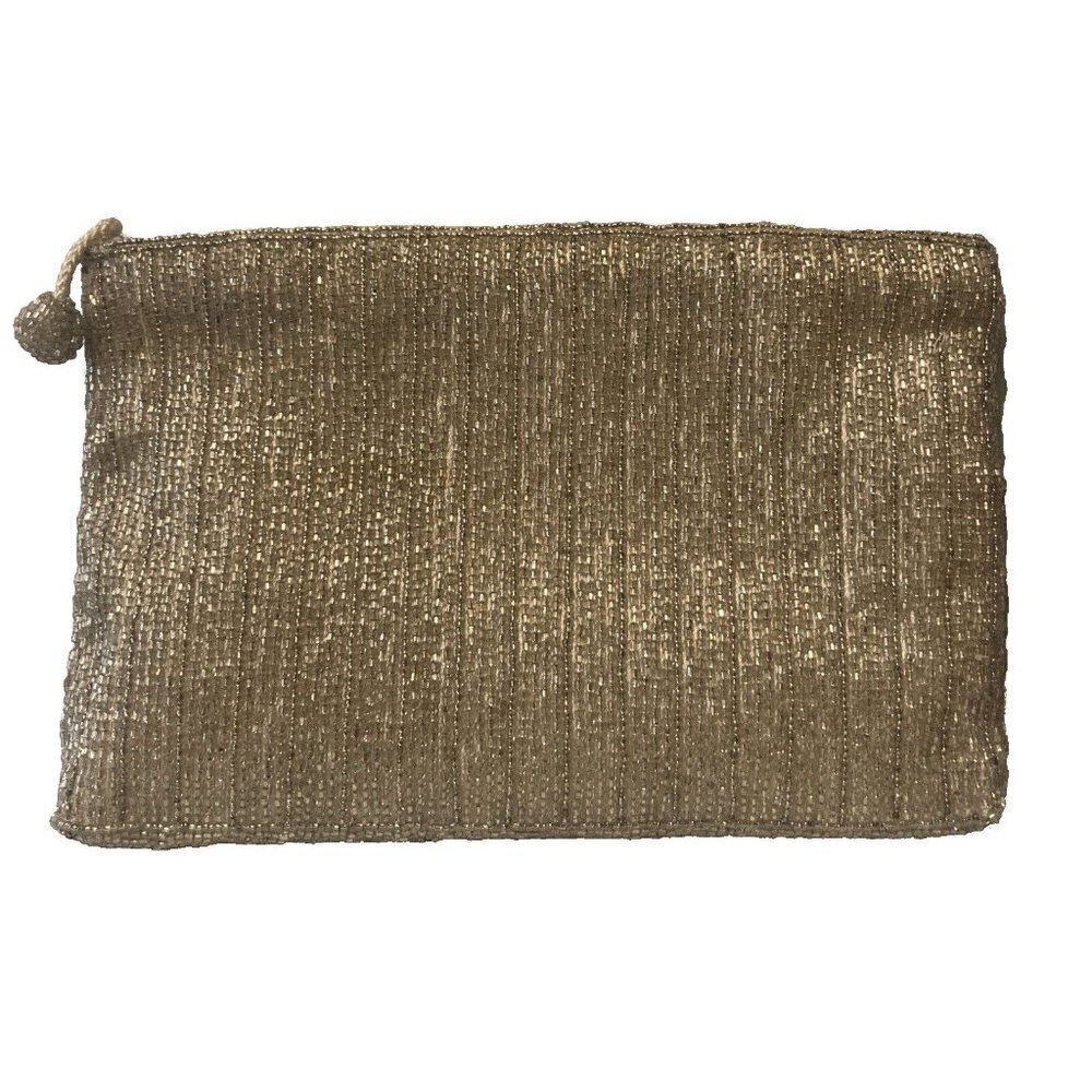 ADG Fashion Imports Gold Beaded Clutch Evening Bag Purse Women's Zipper Pull VGC